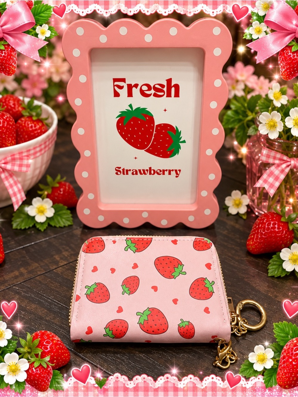 Strawberry Printed Decorative Frame Wall Art, 4x6 in and Strawberry Card Holder